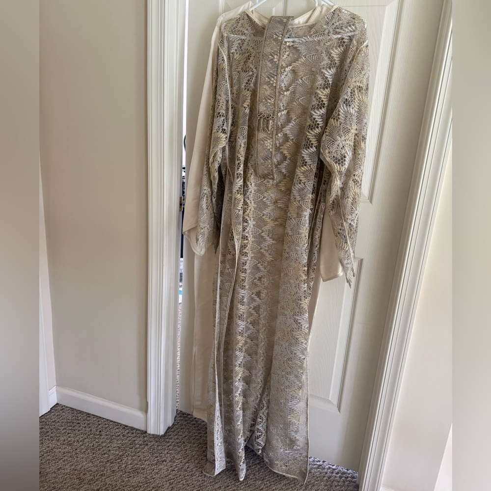 Embroidered Ivory and Gold Long Moroccan Kaftan